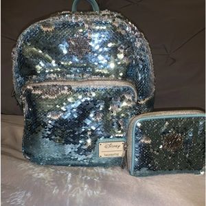 Disney Loungefly Elsa Frozen Mini Backpack with Matching Blue Sequin Wallet